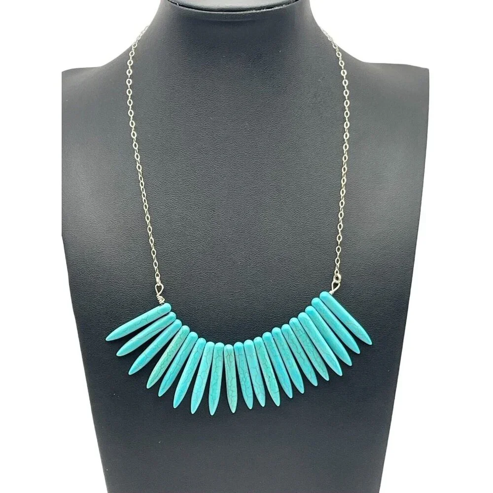 Blue Howlite Turquoise Graduated Spike Points Beads Sterling Silver 925 Necklace